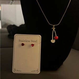 Chic Red and Silver Heart Necklace Set